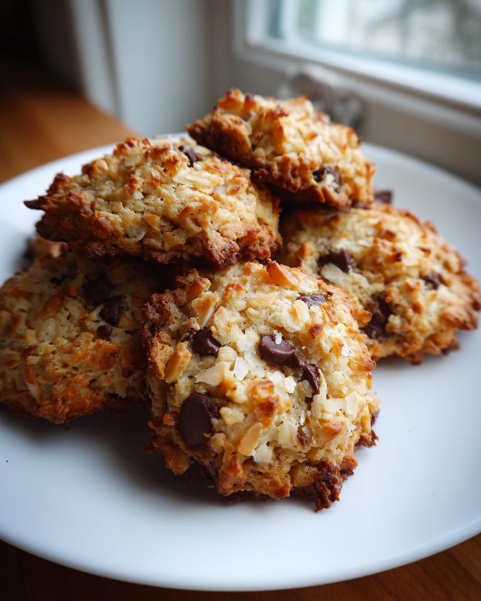 A stack of freshly baked, chewy almond joy cookies loaded with coconut flakes and chocolate chips on a white plate.