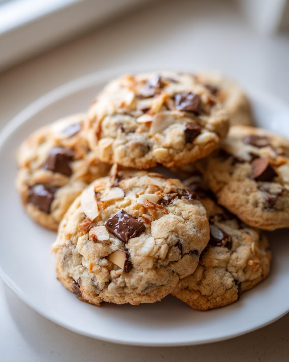 A stack of chewy almond joy cookies piled on a white plate, featuring visible chocolate chunks and sliced almonds.