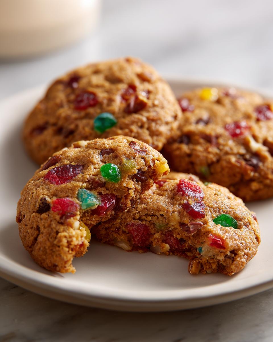Close-up of chewy fruitcake cookies, one broken open revealing candied fruit and nuts inside.
