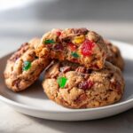 Close-up of chewy fruitcake cookies, one broken in half showing candied fruit and nuts inside.
