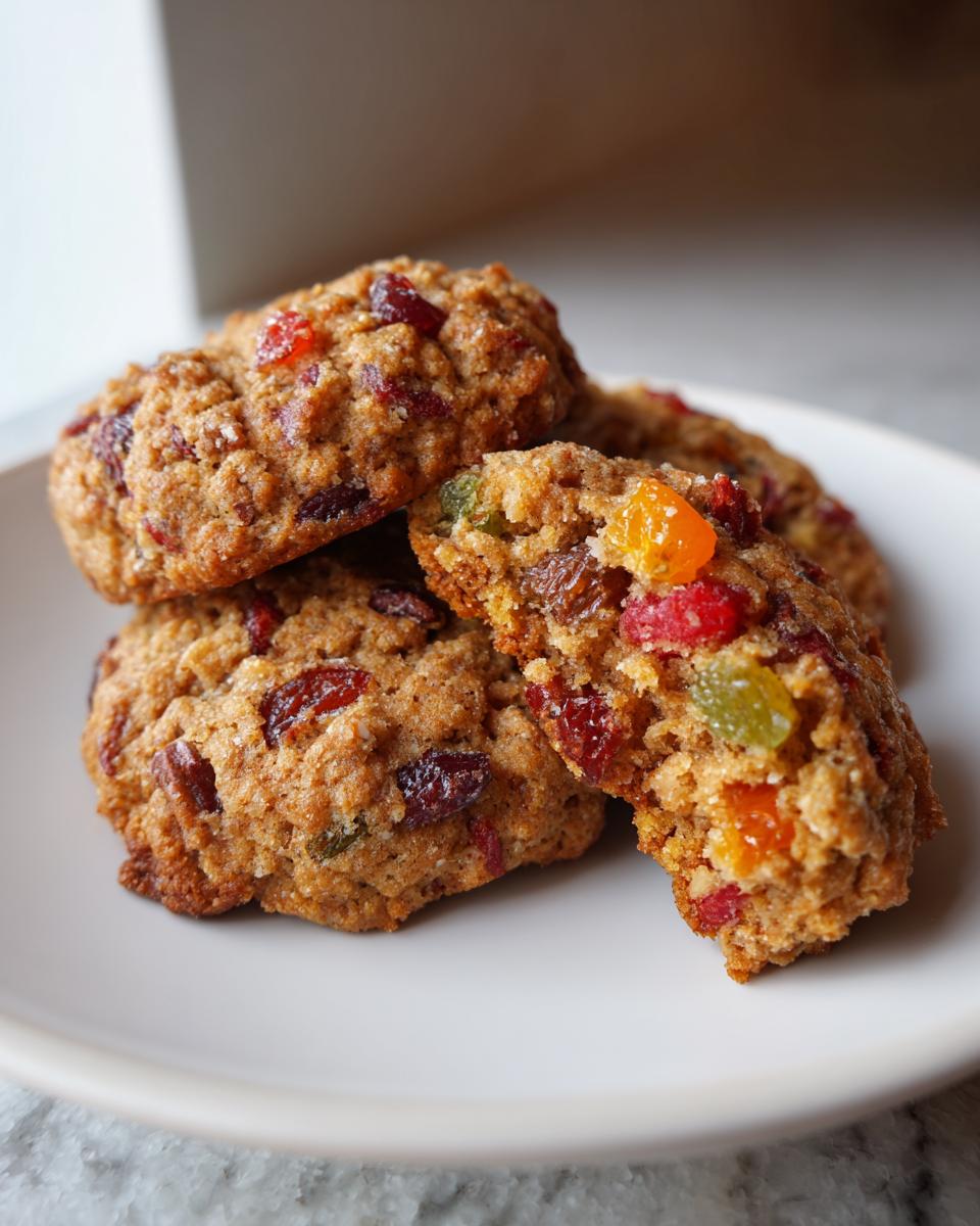 Close-up of chewy fruitcake cookies loaded with candied fruit and dried cranberries on a white plate.