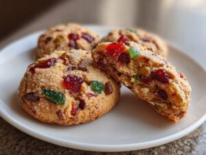 Close-up of chewy fruitcake cookies, one broken in half showing candied fruit and a sugary top.