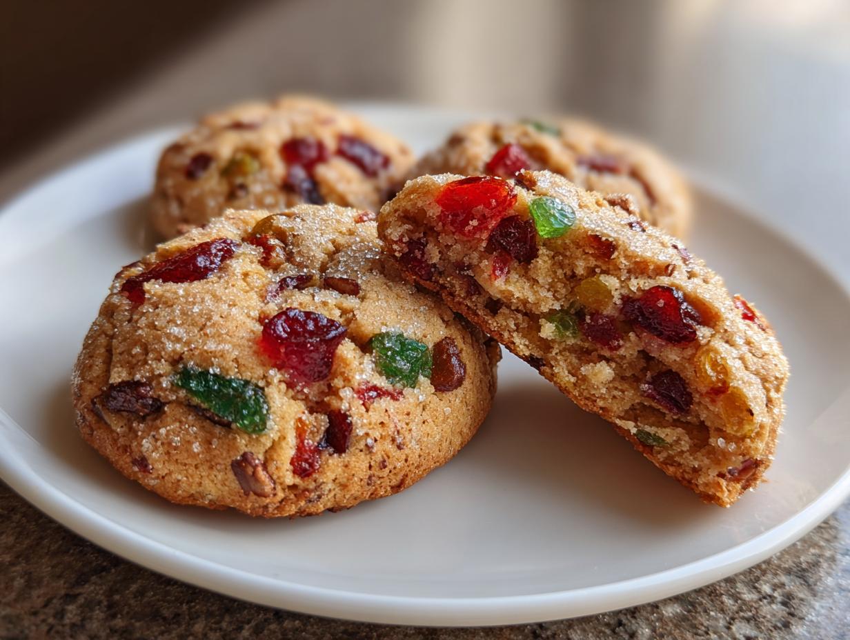 Close-up of chewy fruitcake cookies, one broken in half showing candied fruit and a sugary top.