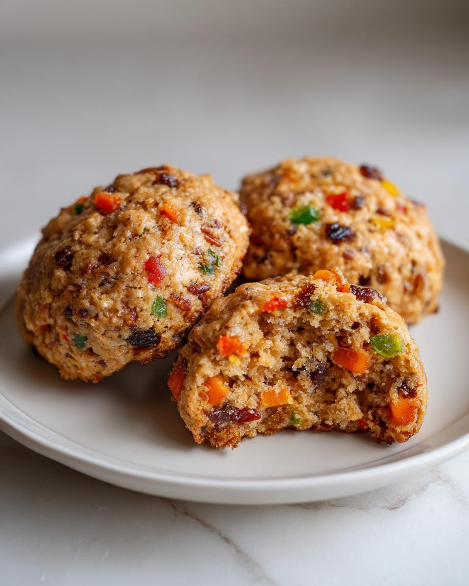 Three chewy fruitcake cookies on a plate, one broken open showing the soft interior packed with dried and candied fruit.