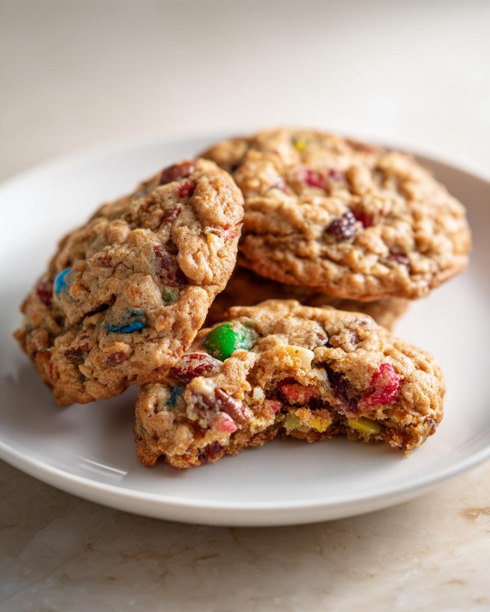 A close-up of chewy fruitcake cookies piled on a white plate, one cookie is broken open showing the colorful fruit and candy inclusions.