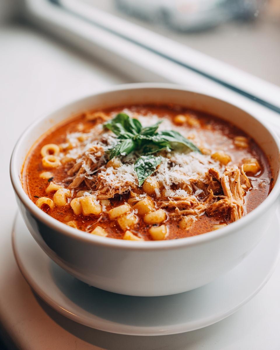 A close-up of a white bowl filled with rich, tomato-based chicken parmesan soup, featuring shredded chicken, small pasta, and topped with Parmesan cheese and basil.