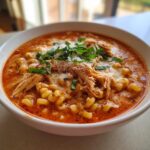 A close-up of a white bowl filled with rich tomato broth, pasta, shredded chicken, melted mozzarella, and fresh basil, representing chicken parmesan soup.