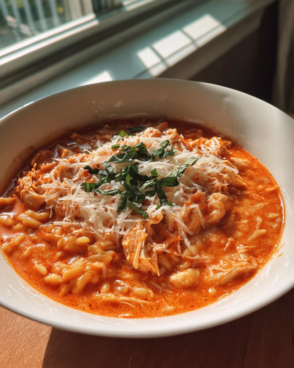 Close-up of a creamy, orange-red chicken parmesan soup topped with shredded parmesan and fresh basil.