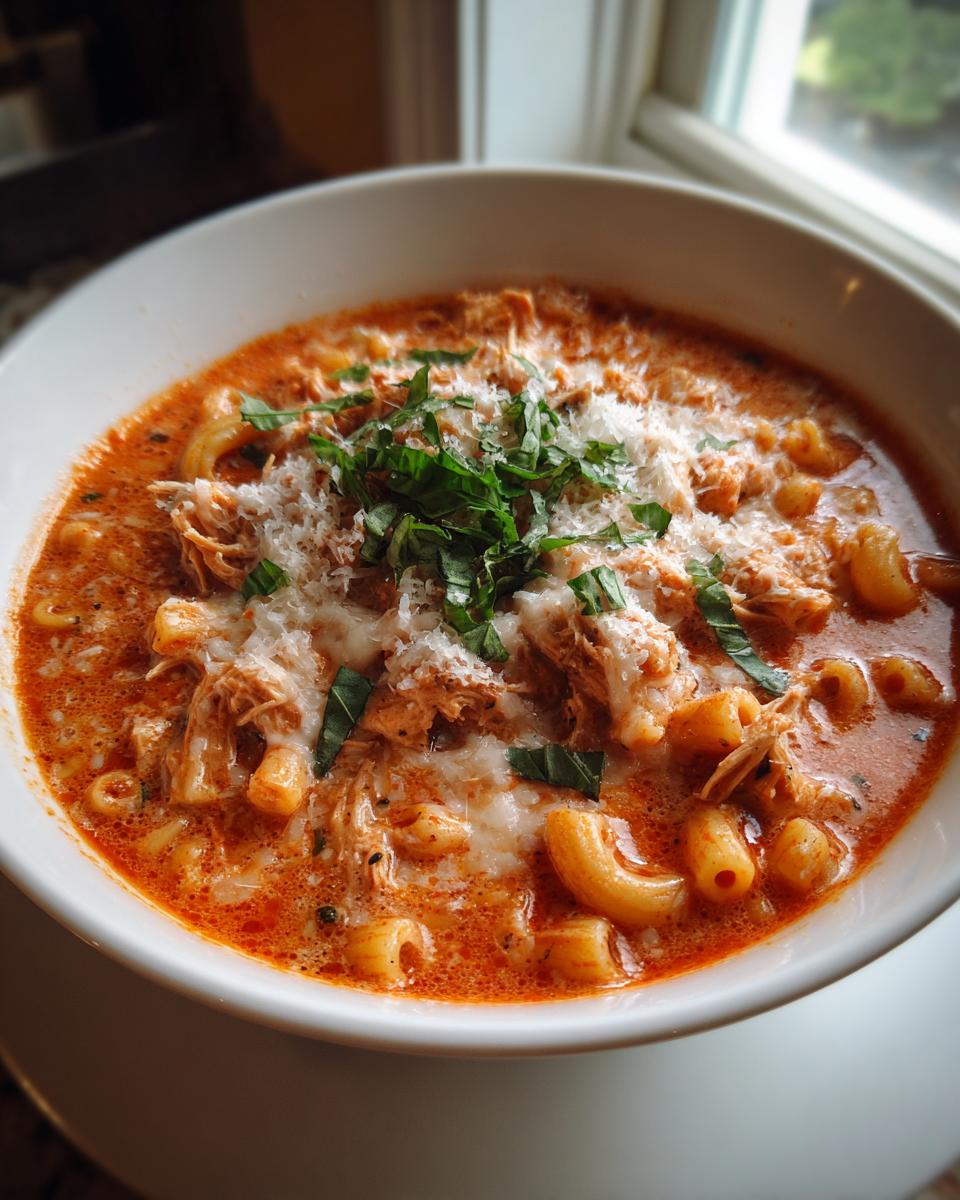 A close-up of a bowl of rich, creamy chicken parmesan soup topped with shredded chicken, melted cheese, and fresh basil.