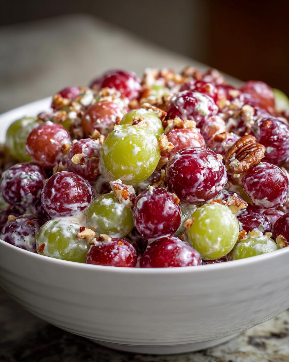 A white bowl filled with vibrant red and green grapes coated in a creamy dressing and topped with chopped pecans, resembling Chicken Salad Chick Grape Salad.