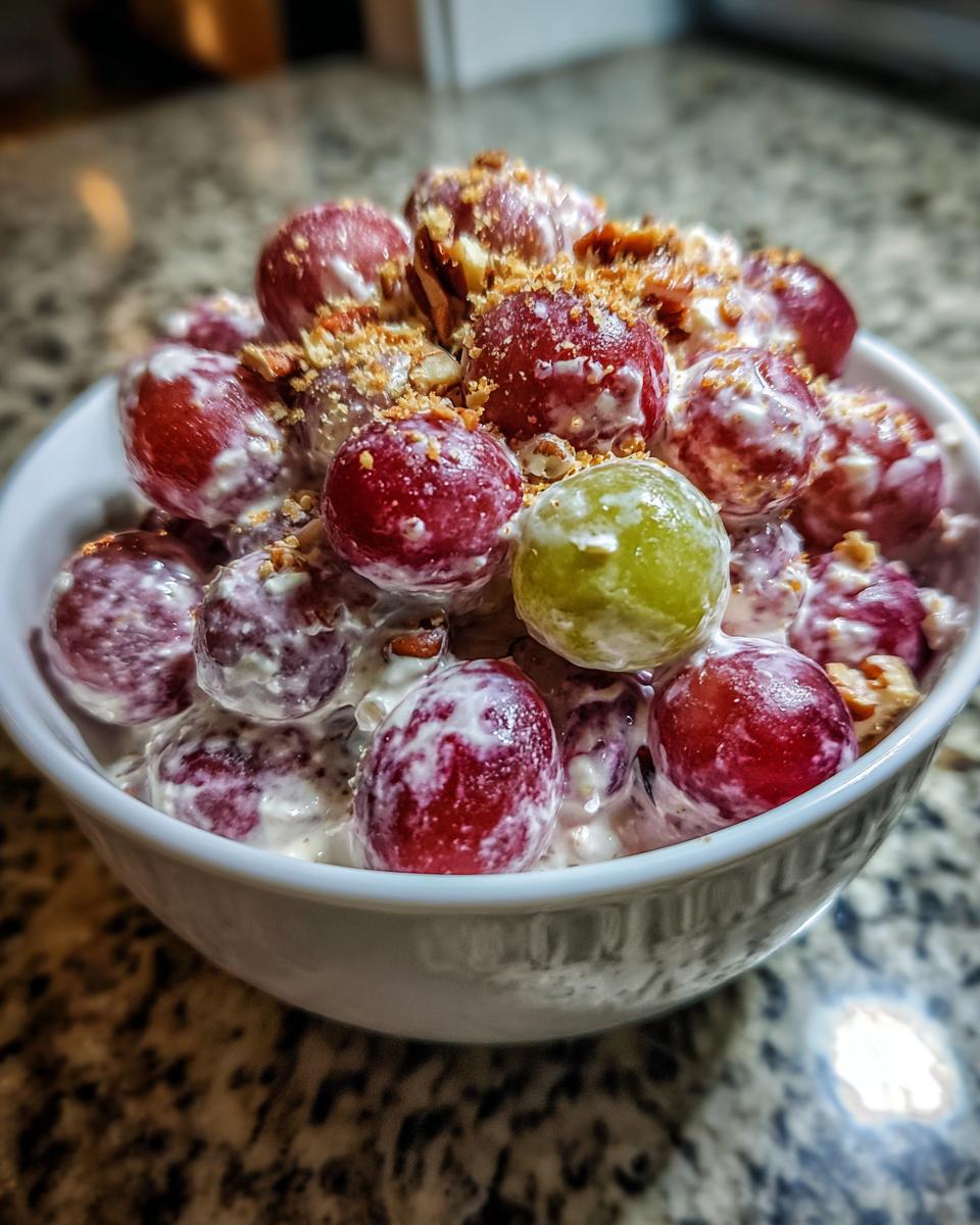 A white bowl filled with creamy Chicken Salad Chick Grape Salad featuring red and green grapes topped with crushed pecans.