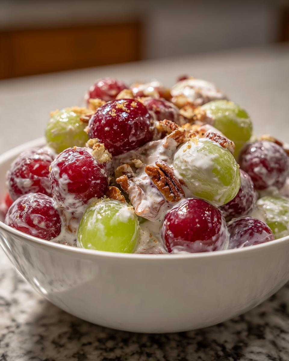 A close-up of creamy Chicken Salad Chick Grape Salad featuring red and green grapes coated in dressing and topped with pecans.