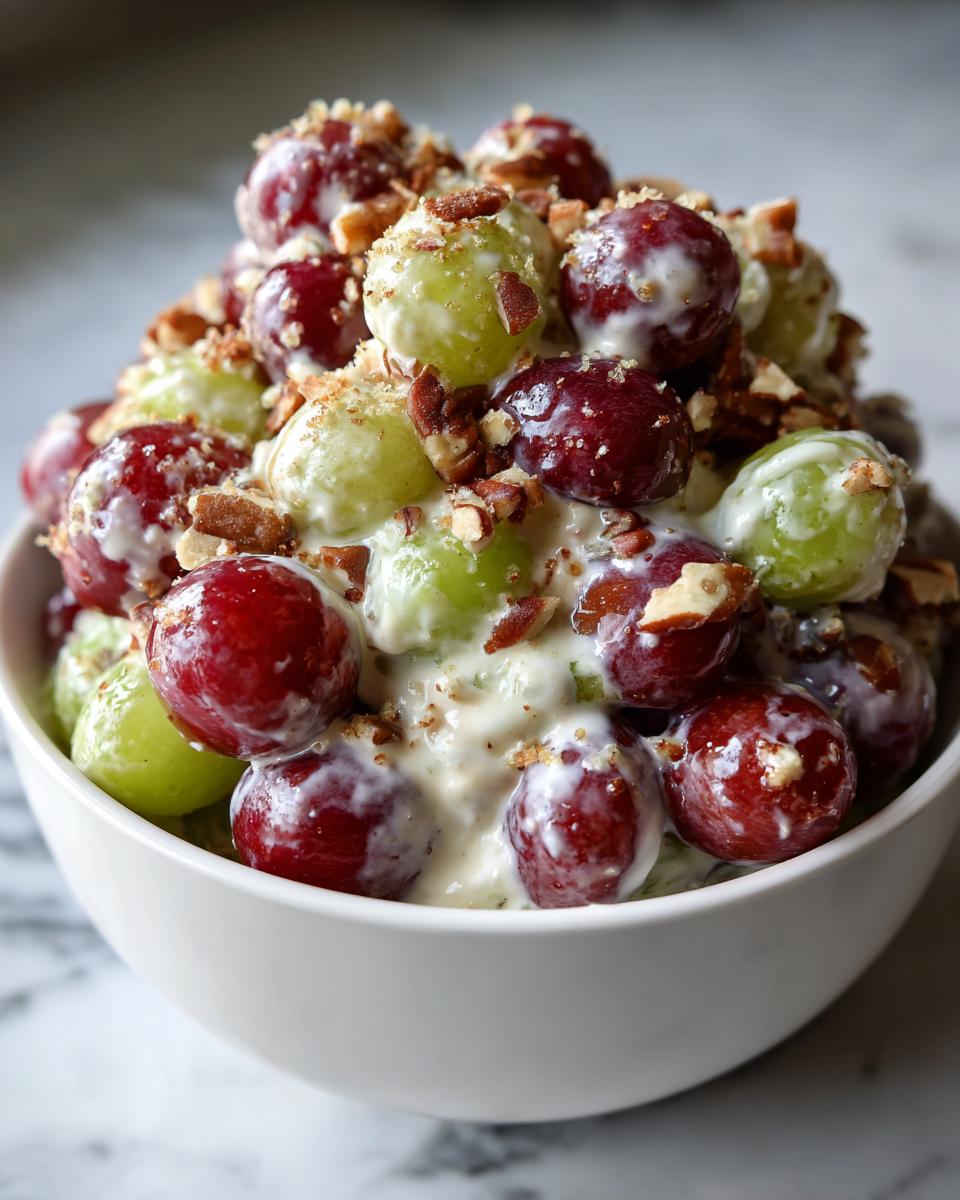 A white bowl filled with creamy Chicken Salad Chick Grape Salad, featuring red and green grapes topped with chopped pecans.