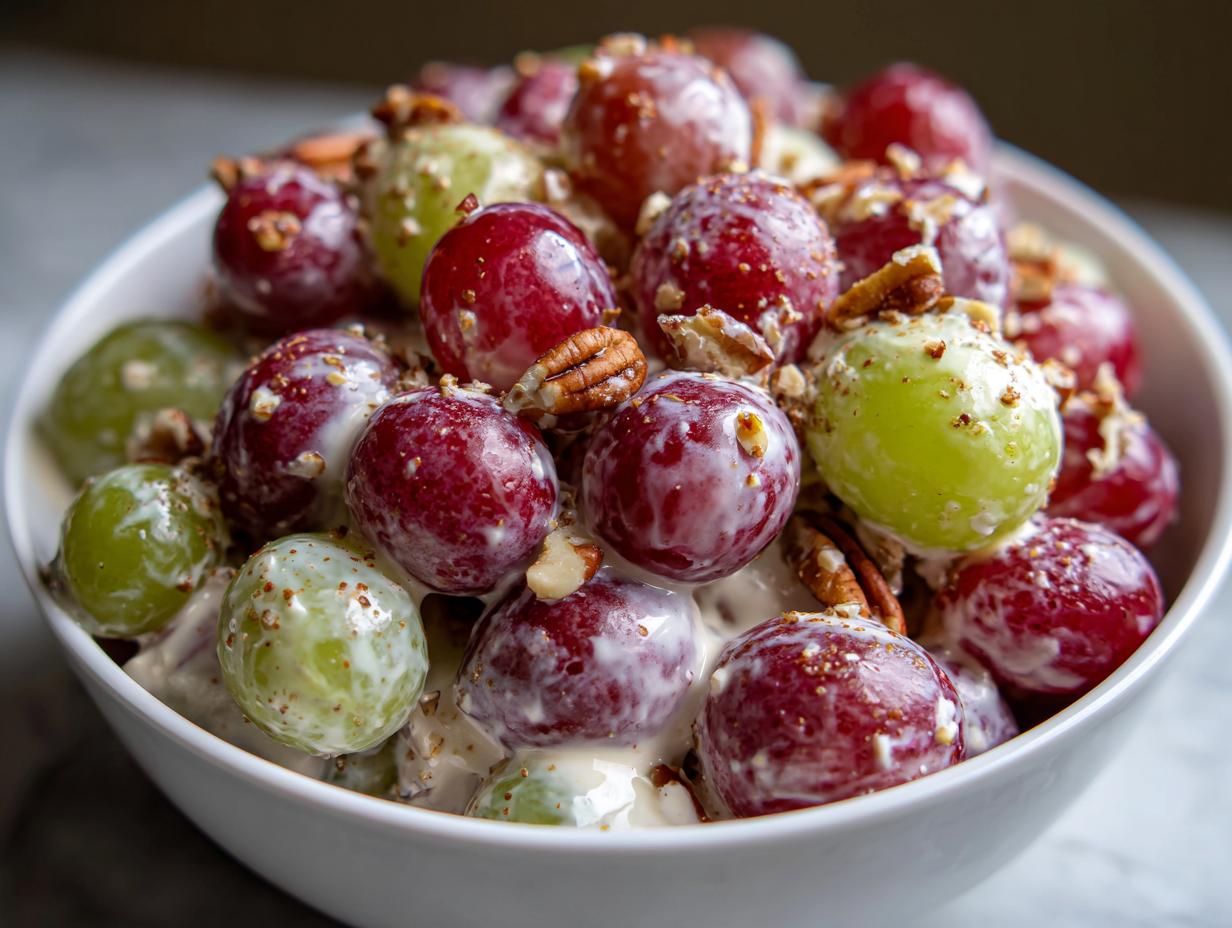 A close-up of creamy Chicken Salad Chick Grape Salad featuring red and green grapes coated in dressing and topped with chopped pecans.