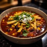 A close-up of a rich, dark red bowl of chicken tortilla soup topped with sour cream, cilantro, and crispy tortilla strips.