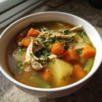 A close-up of a bowl of hot chicken vegetable soup, featuring shredded chicken, carrots, potatoes, and celery.