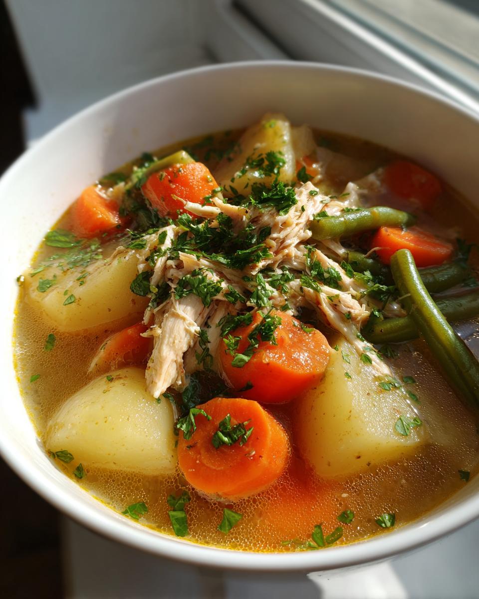 Close-up of a bowl of chicken vegetable soup featuring shredded chicken, large carrot slices, potatoes, and green beans, topped with parsley.