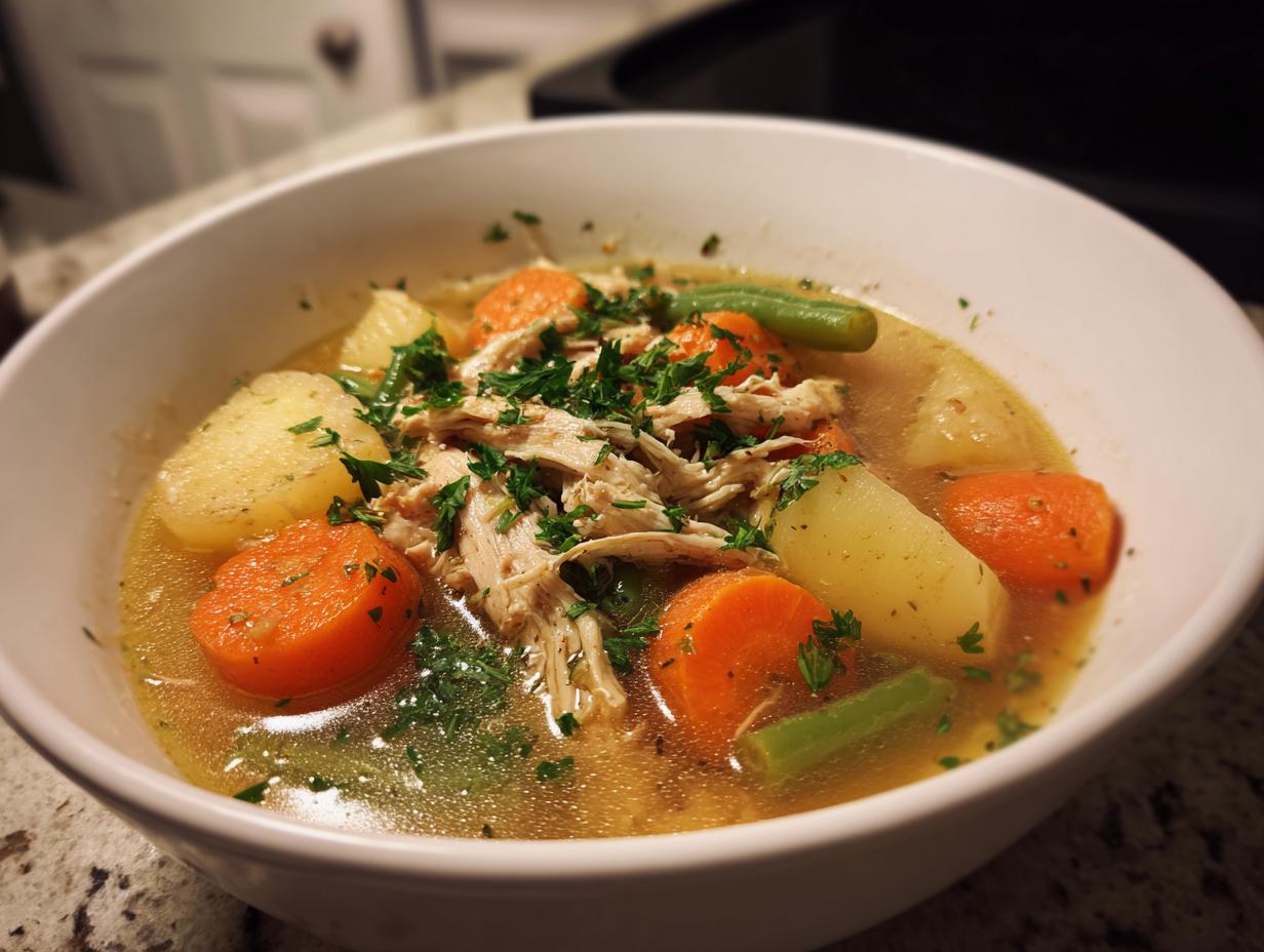 Close-up of a white bowl filled with rich chicken vegetable soup, featuring shredded chicken, carrots, potatoes, and green beans.