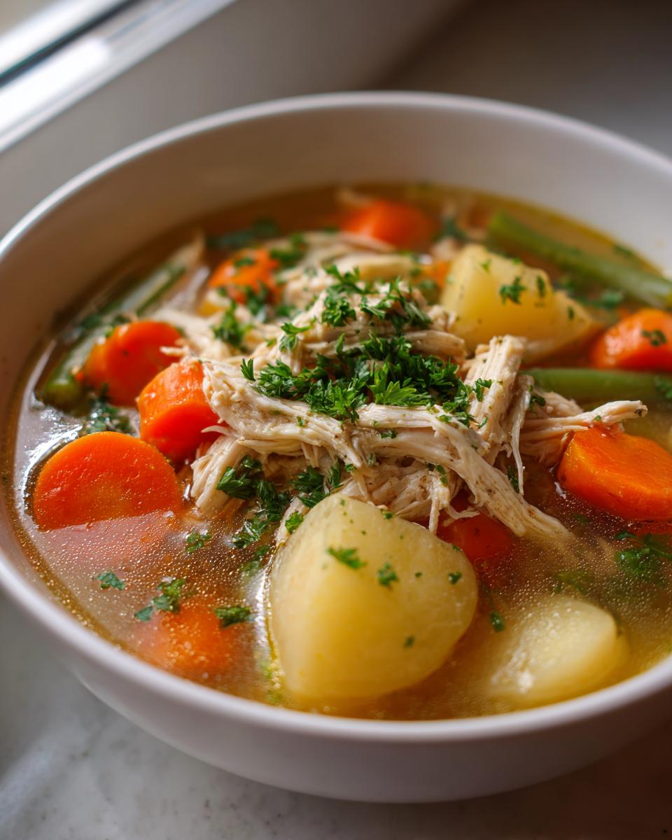 Close-up of a bowl of chicken vegetable soup featuring shredded chicken, carrots, potatoes, and parsley garnish.