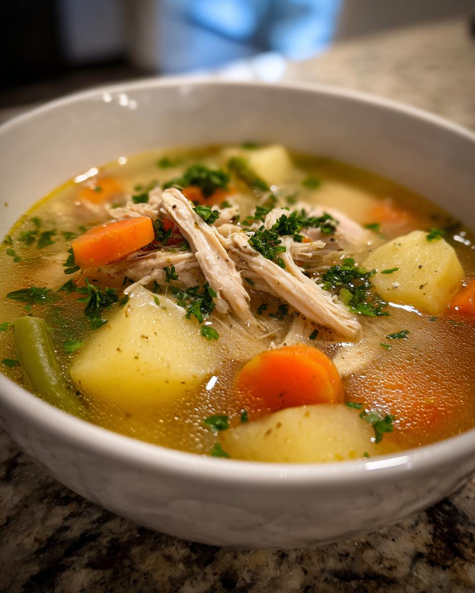 Close-up of a bowl of chicken vegetable soup featuring shredded chicken, carrots, potatoes, and fresh parsley garnish.