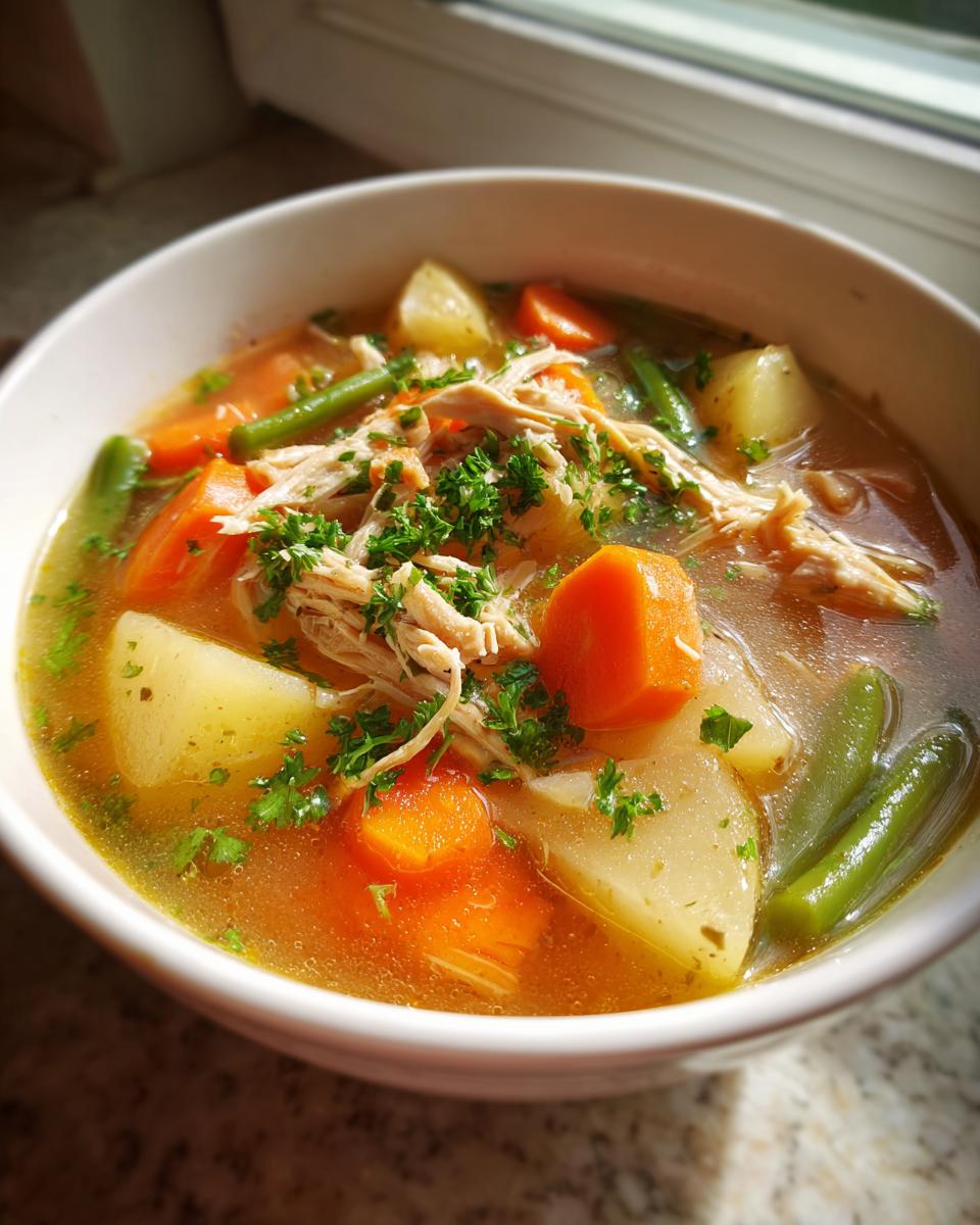 Close-up of a bowl of rich chicken vegetable soup with shredded chicken, carrots, potatoes, and green beans.