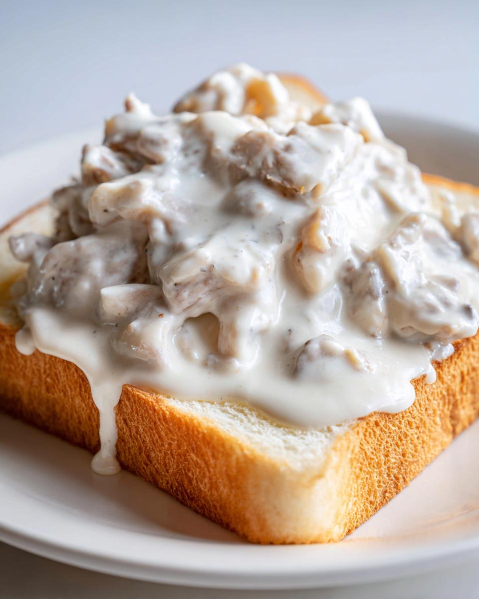 A close-up of a slice of toasted white bread generously topped with creamy chipped beef on toast sauce.