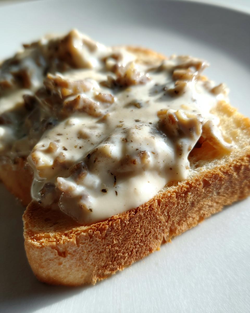 A close-up, macro shot of a piece of toasted bread generously topped with creamy chipped beef on toast sauce.