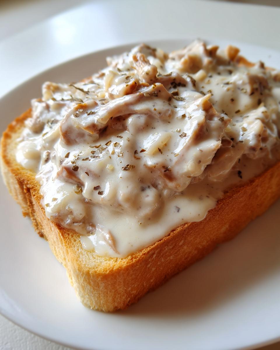 A single slice of golden toast generously topped with creamy chipped beef on toast mixture and sprinkled with herbs.