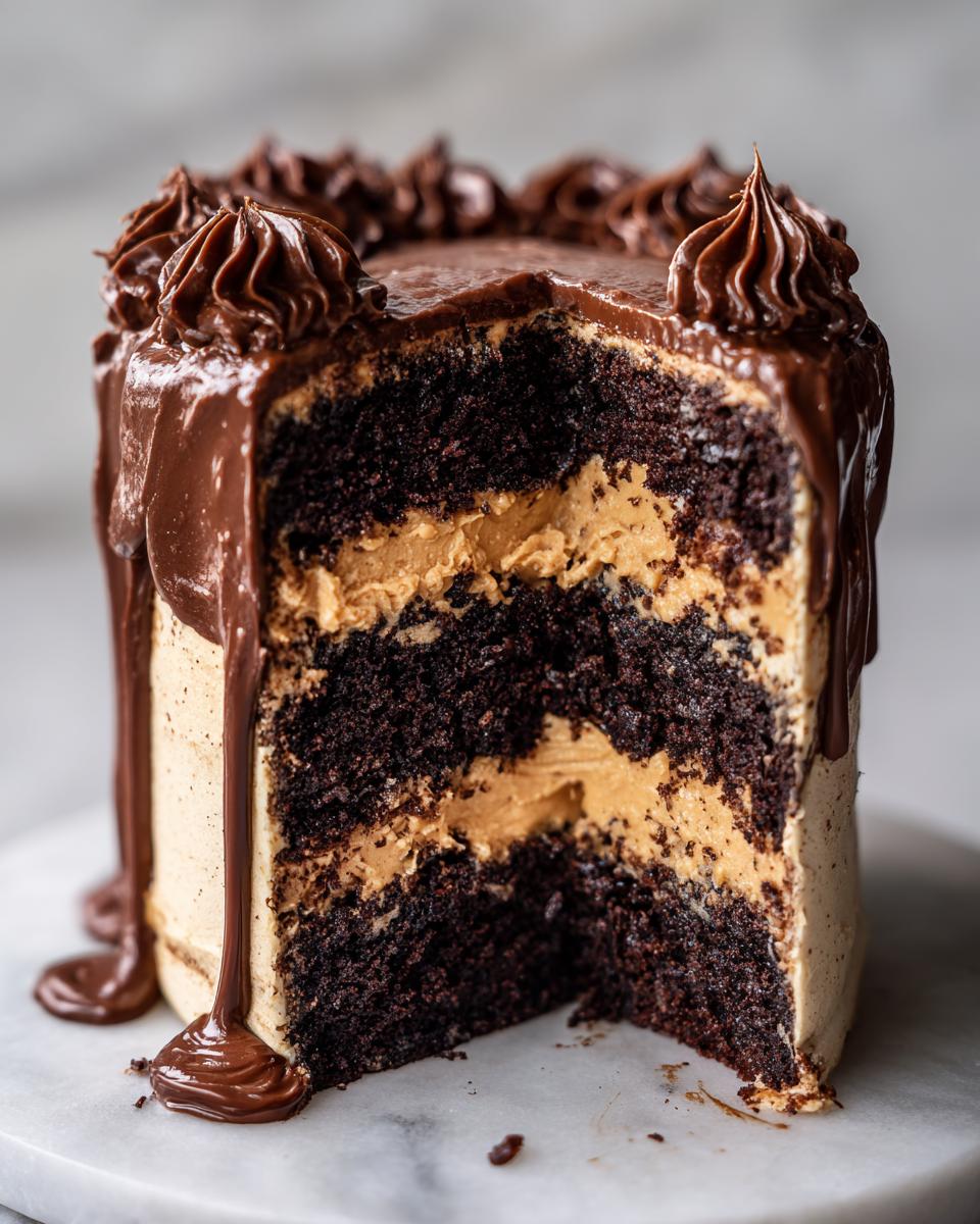 Cross-section view of a rich chocolate peanut butter cake showing dark layers and creamy peanut butter filling.