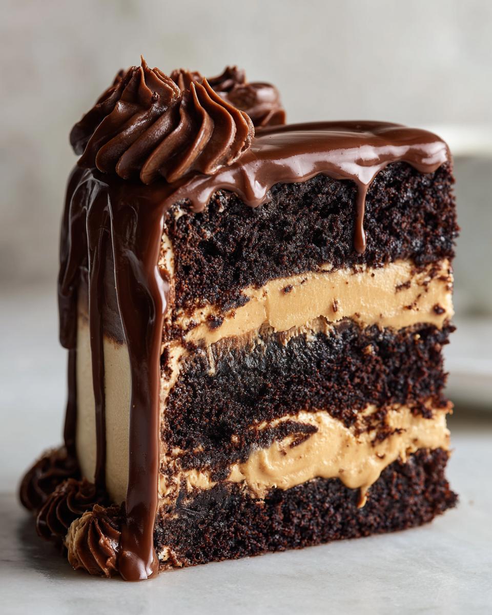 Close-up of a decadent slice of chocolate peanut butter cake featuring dark layers, peanut butter filling, and chocolate ganache drip.
