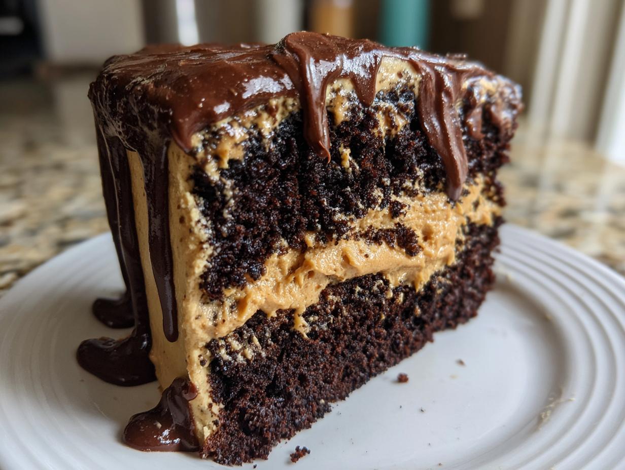 A moist slice of chocolate peanut butter cake featuring dark chocolate layers and thick peanut butter filling, topped with chocolate ganache drip.
