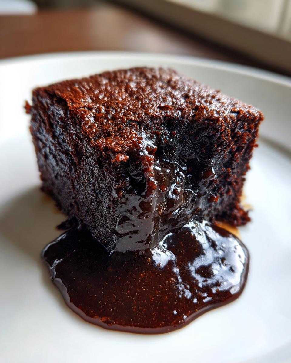 Close-up of a square slice of rich chocolate pudding cake oozing warm, gooey sauce onto a white plate.