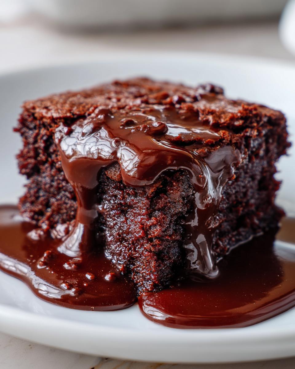 Close-up of a rich, dark slice of chocolate pudding cake generously topped with warm, glossy chocolate sauce.