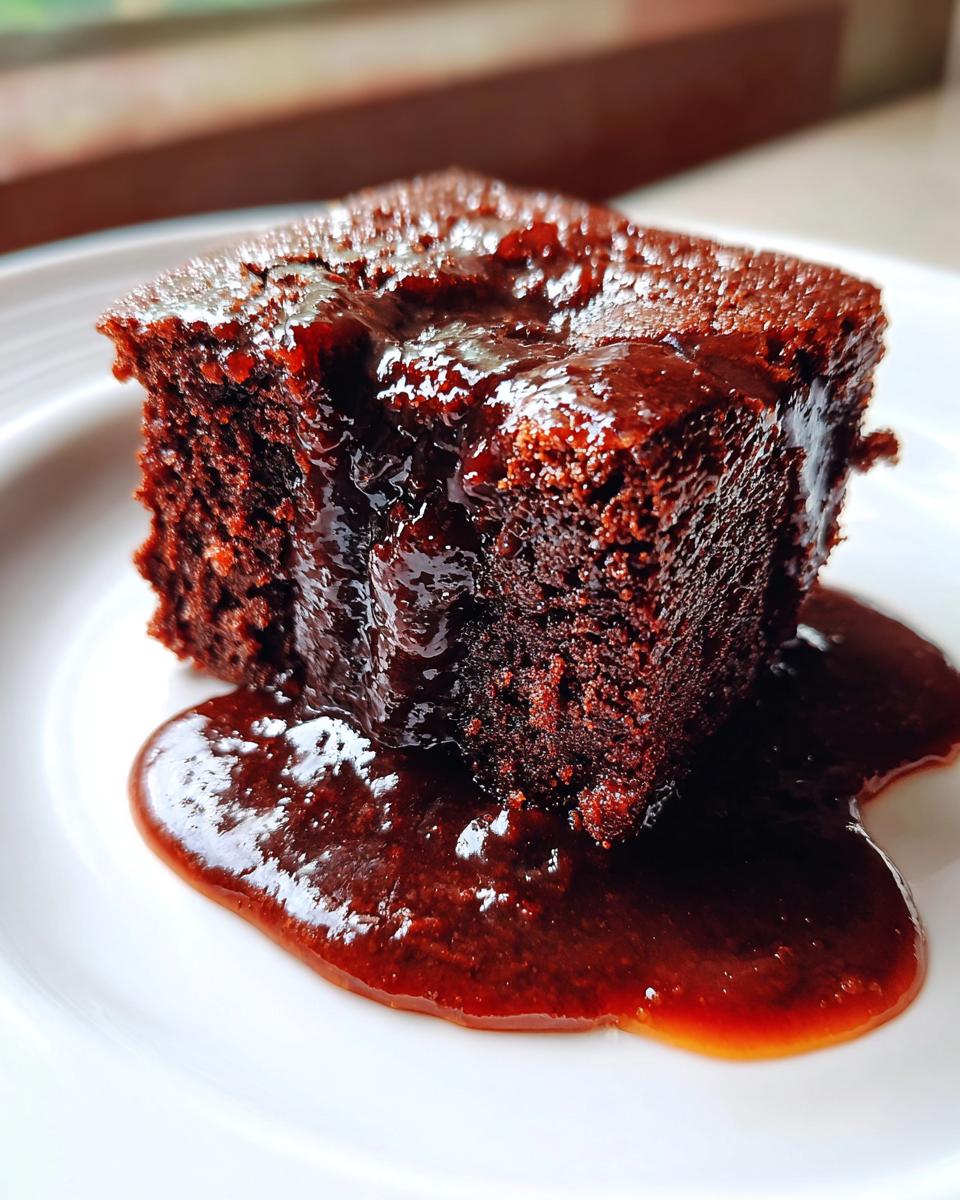 A rich, square slice of chocolate pudding cake covered in warm, gooey sauce on a white plate.