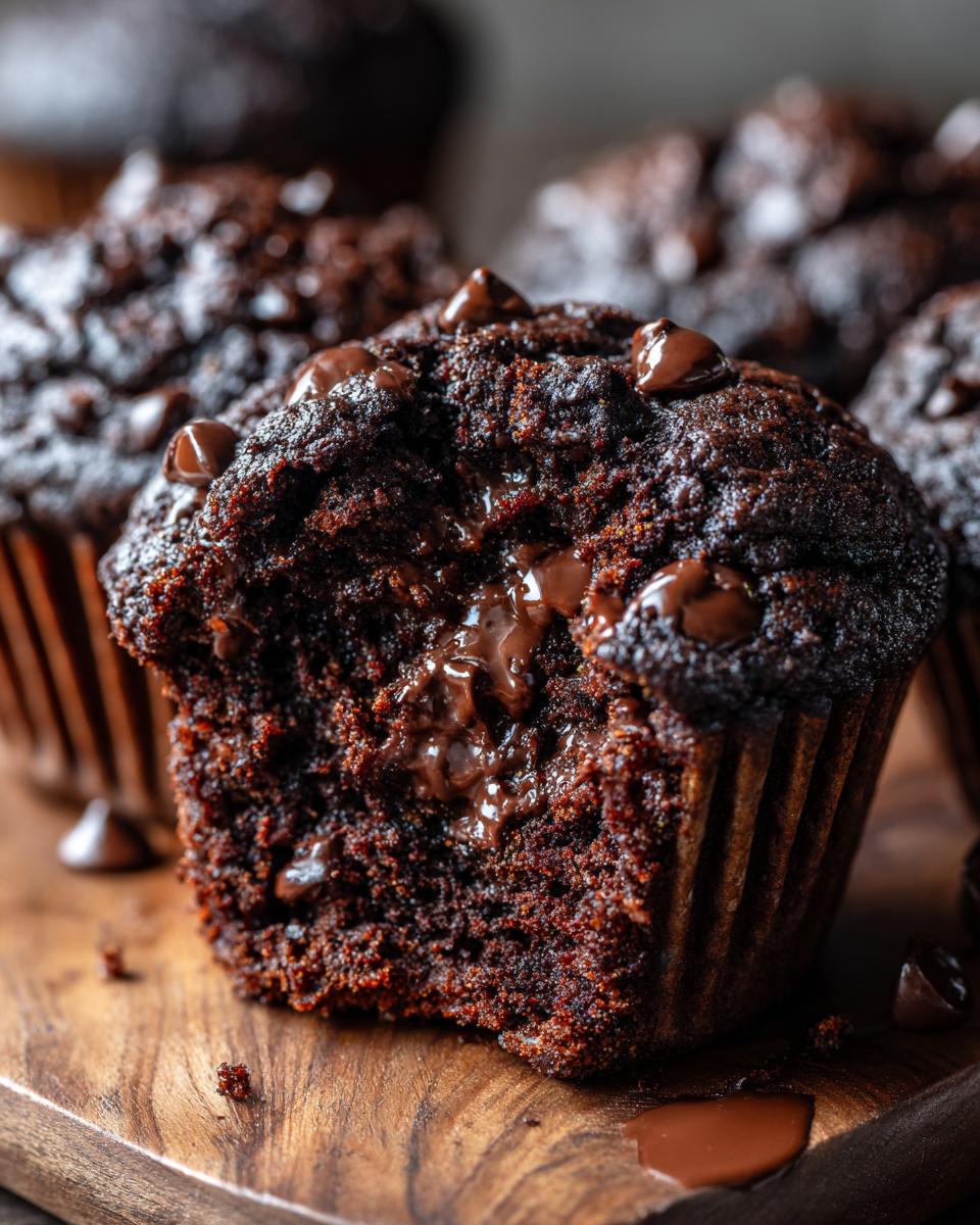 A close-up of a rich, dark chocolate zucchini muffin broken open to show a gooey, melted chocolate center and chocolate chips.