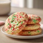 A stack of soft, round christmas sprinkle sugar cookies topped with red and green nonpareils, served on a white plate.