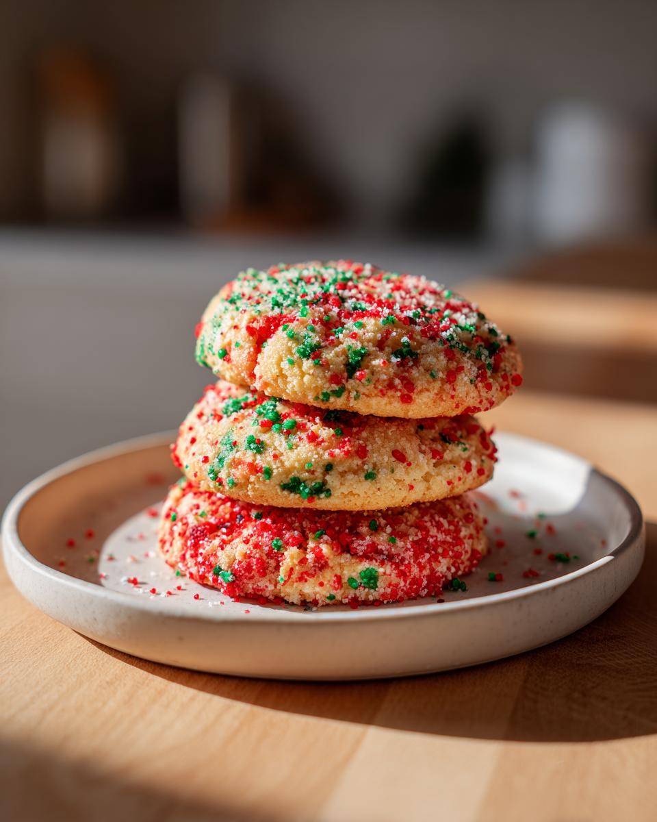 Three soft, round christmas sprinkle sugar cookies stacked on a white plate, covered in red and green sprinkles.