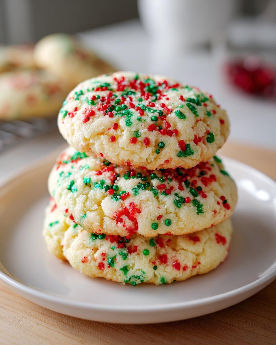 A stack of three soft, round christmas sprinkle sugar cookies topped with red and green nonpareils.