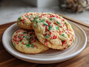 A stack of three soft, chewy christmas sprinkle sugar cookies topped with red, green, and white sprinkles.