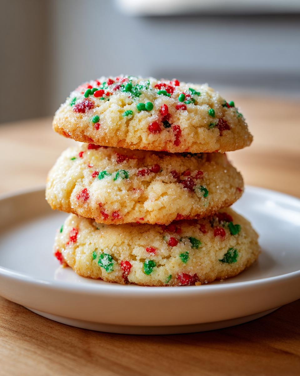 A stack of three soft, thick christmas sprinkle sugar cookies topped with red and green nonpareils.