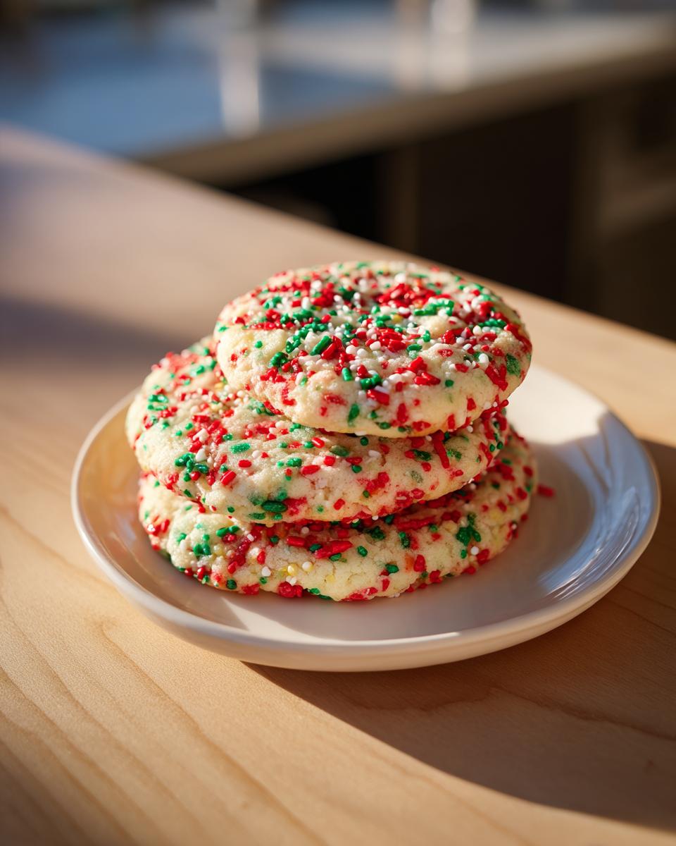 A stack of three soft christmas sprinkle sugar cookies topped with red, green, and white sprinkles on a small white plate.