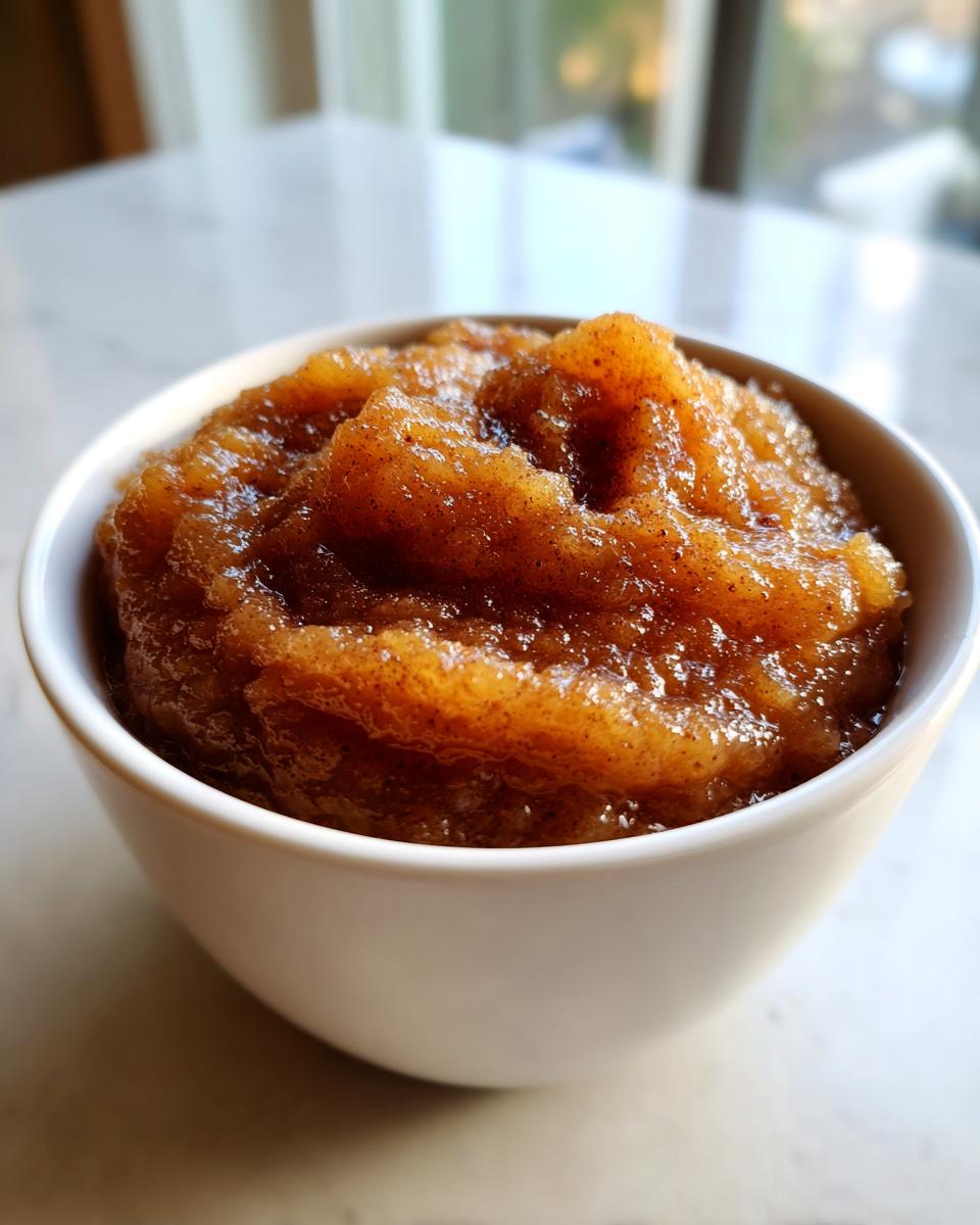 A close-up of rich, brown, chunky homemade applesauce seasoned with cinnamon in a small white bowl.