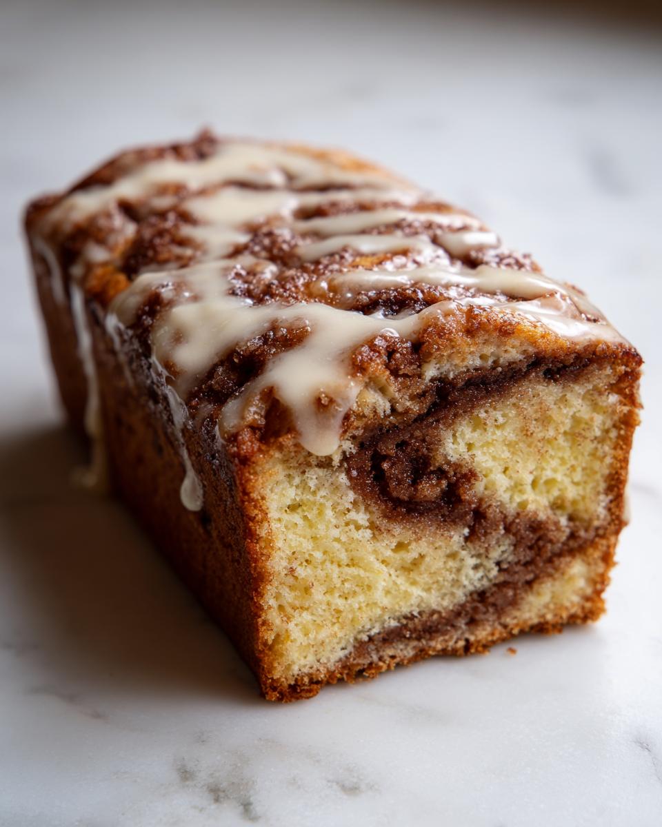 Close-up of a slice of cinnamon roll cheesecake loaf cake with visible cinnamon swirl and white glaze.
