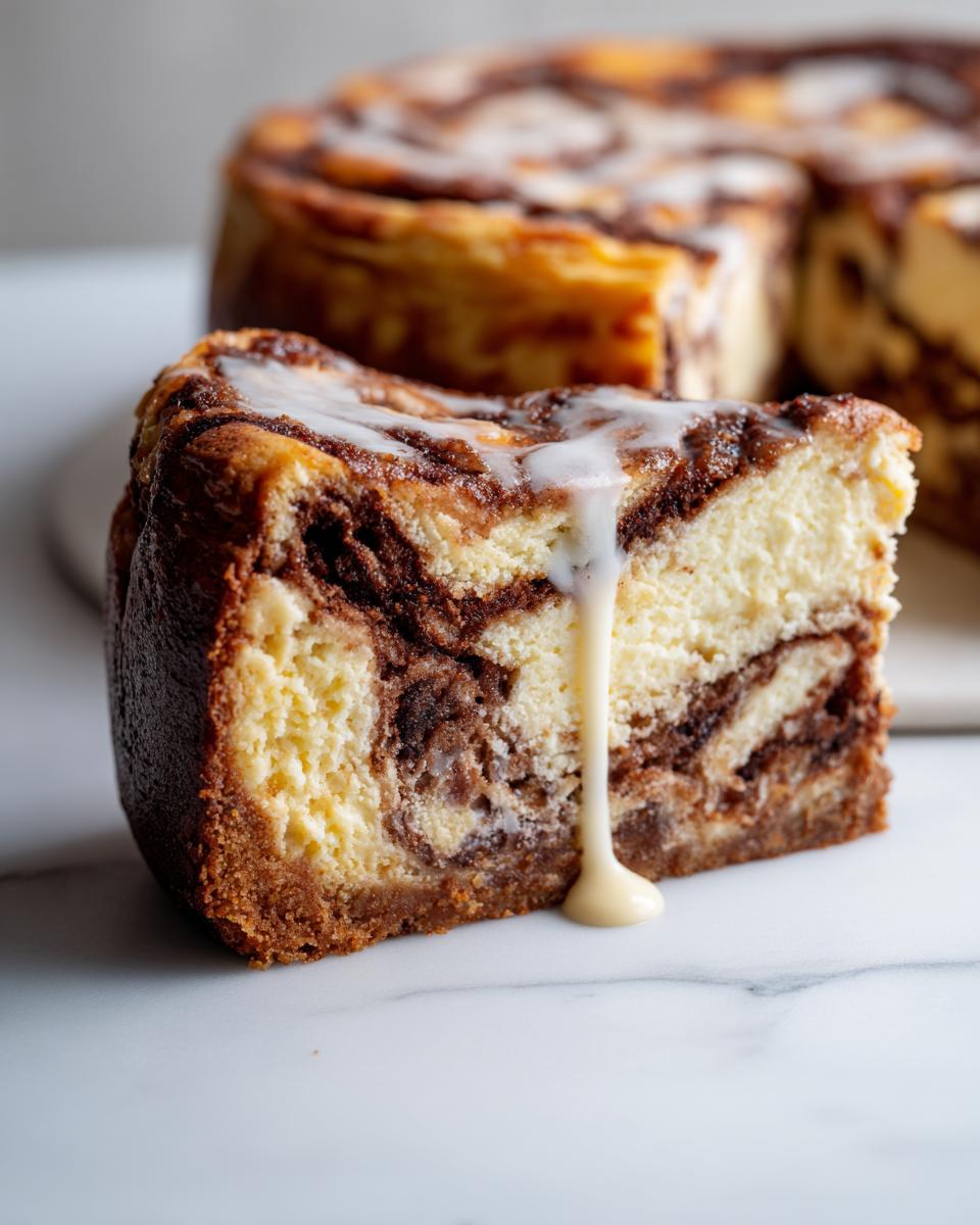 Close-up of a slice of cinnamon roll cheesecake showing marbled layers and white icing dripping down the side.