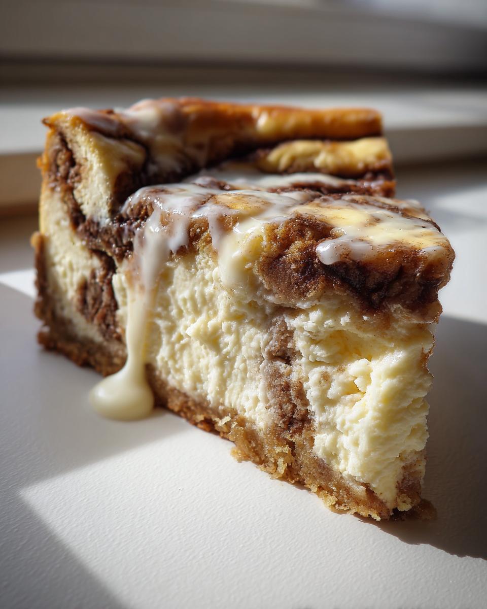 A close-up slice of rich cinnamon roll cheesecake with a thick, creamy texture and white icing dripping down the side.