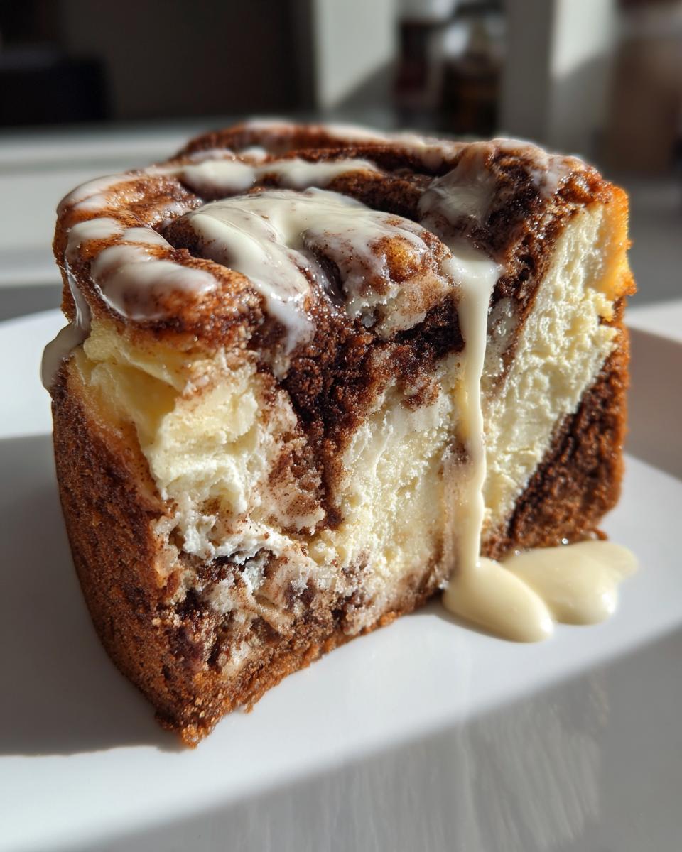 Close-up of a rich slice of cinnamon roll cheesecake marbled with dark cinnamon swirl and topped with dripping vanilla icing.