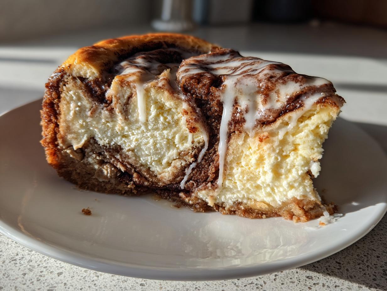A close-up of a rich slice of cinnamon roll cheesecake with a creamy texture and white icing drizzled on top.