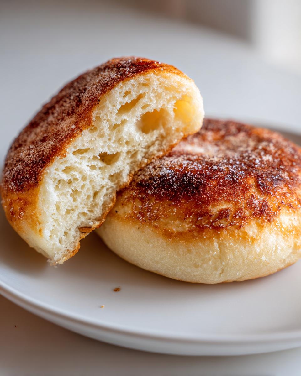 Close-up of a homemade english muffin, split in half, showing a fluffy interior and a cinnamon sugar crust.