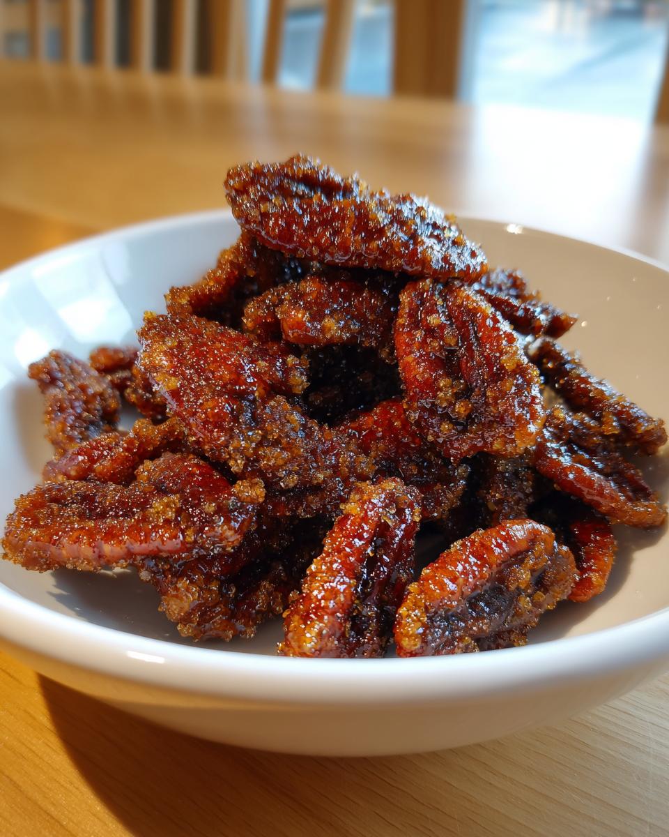 A close-up of candied cinnamon sugar pecans piled high in a white bowl, showing their sticky, sugary coating.