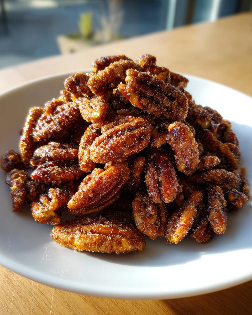 A close-up mound of freshly made, glistening cinnamon sugar pecans crunch piled on a white plate.